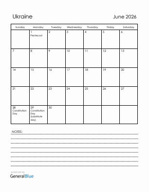 Current month calendar with Ukraine holidays for June 2026