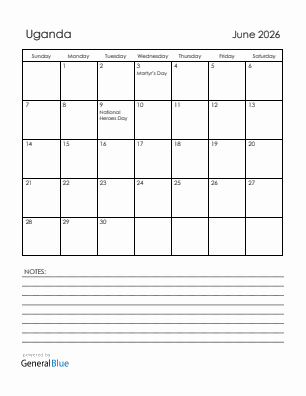 Current month calendar with Uganda holidays for June 2026