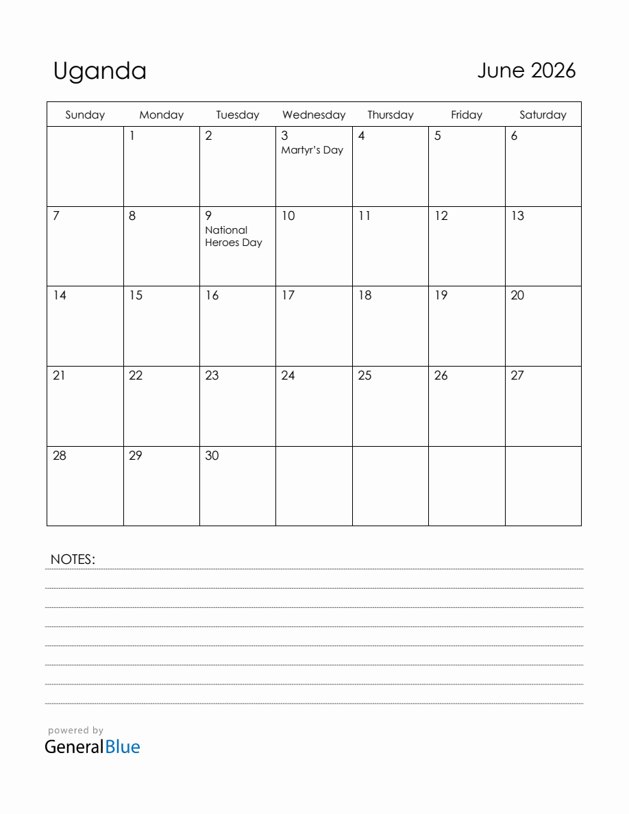 June 2026 Uganda Calendar with Holidays