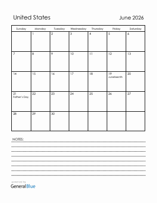 Current month calendar with United States holidays for June 2026