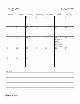 Current month calendar with Uruguay holidays for June 2026