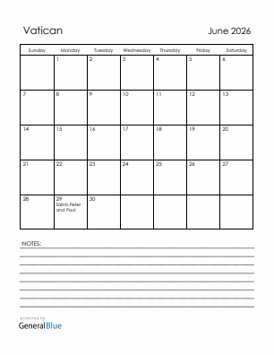 Current month calendar with Vatican holidays for June 2026