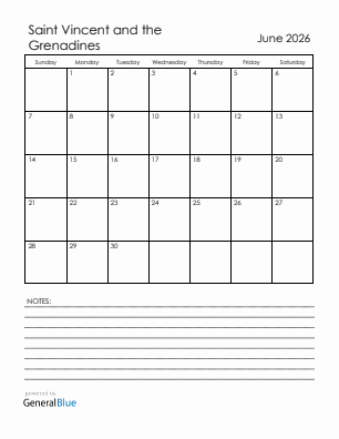 Current month calendar with Saint Vincent and the Grenadines holidays for June 2026
