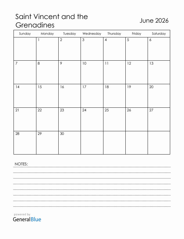 June 2026 Saint Vincent and the Grenadines Calendar with Holidays (Sunday Start)