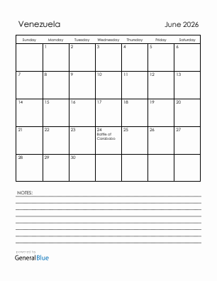 Current month calendar with Venezuela holidays for June 2026