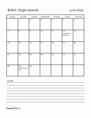 Current month calendar with British Virgin Islands holidays for June 2026