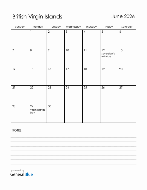 June 2026 British Virgin Islands Calendar with Holidays (Sunday Start)