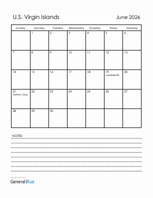 Current month calendar with U.S. Virgin Islands holidays for June 2026