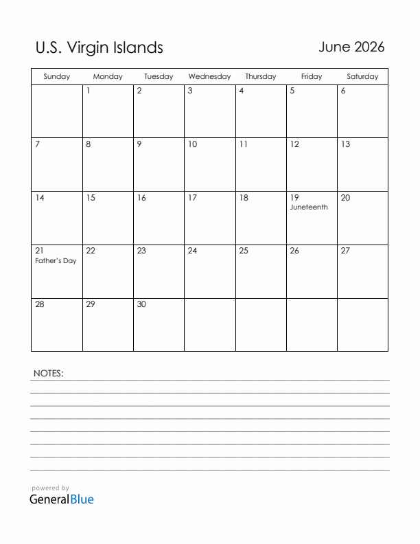 June 2026 U.S. Virgin Islands Calendar with Holidays (Sunday Start)