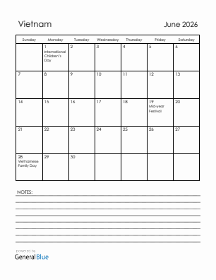 Current month calendar with Vietnam holidays for June 2026