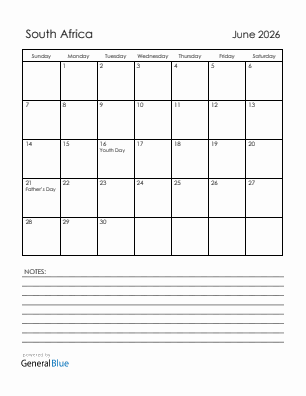 Current month calendar with South Africa holidays for June 2026