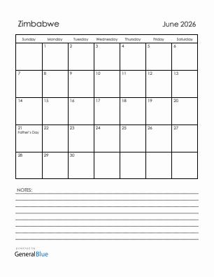 Current month calendar with Zimbabwe holidays for June 2026