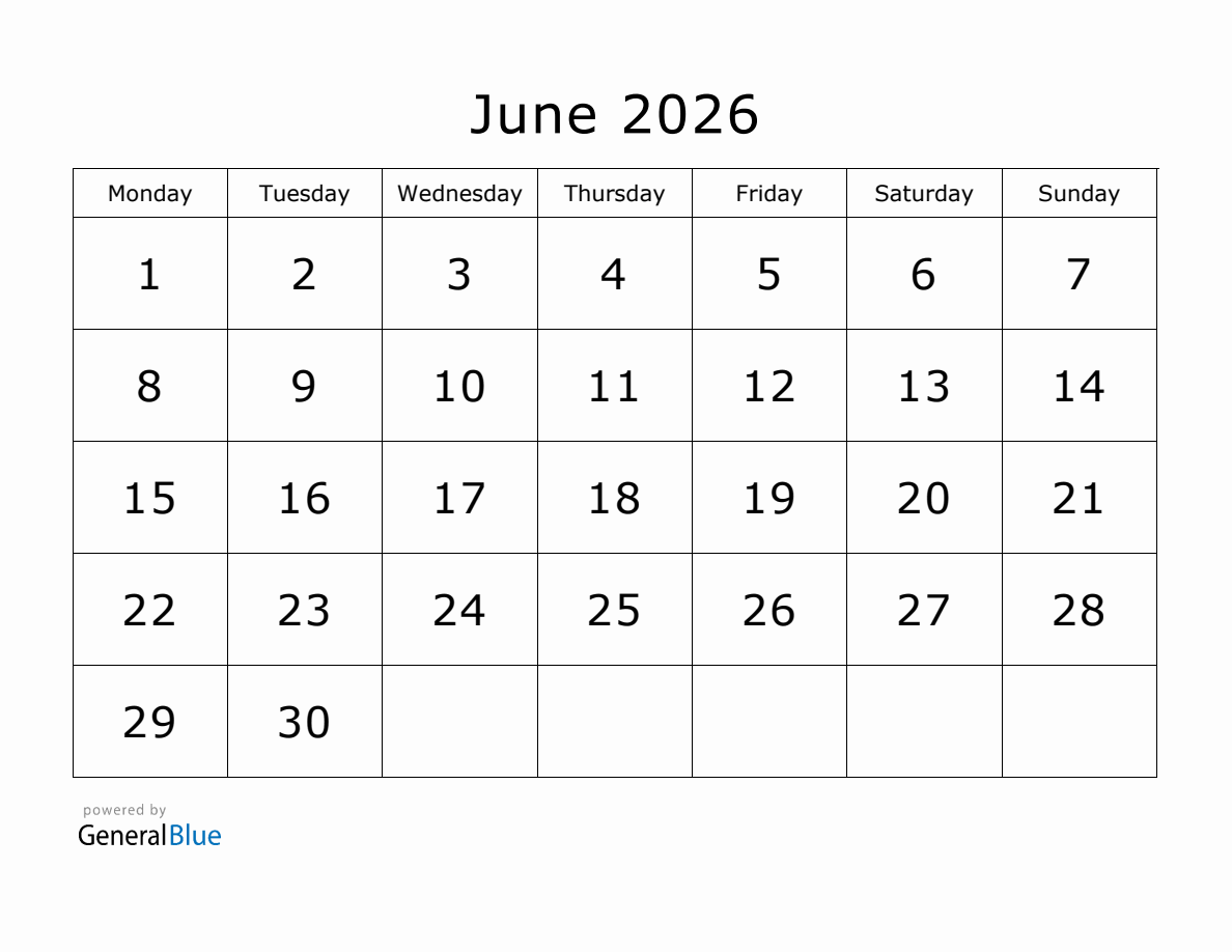 Printable June 2026 Calendar