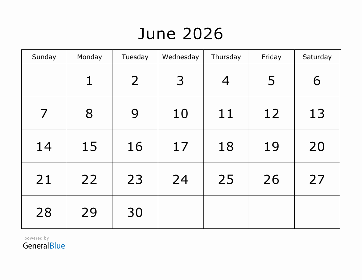 Printable June 2026 Calendar Printable June 2026 Calendar