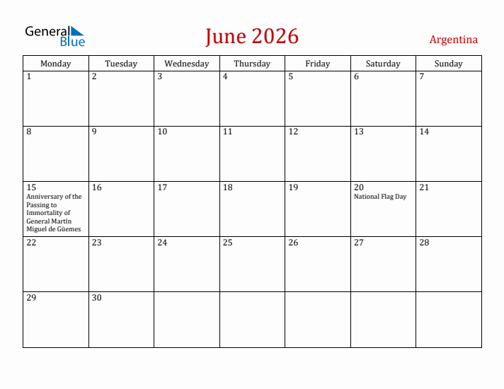 Argentina June 2026 Calendar - Monday Start