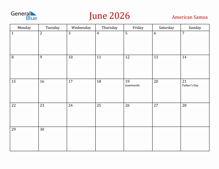 American Samoa June 2026 Calendar - Monday Start