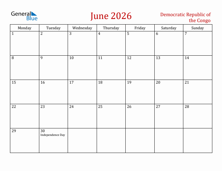 Democratic Republic of the Congo June 2026 Calendar - Monday Start