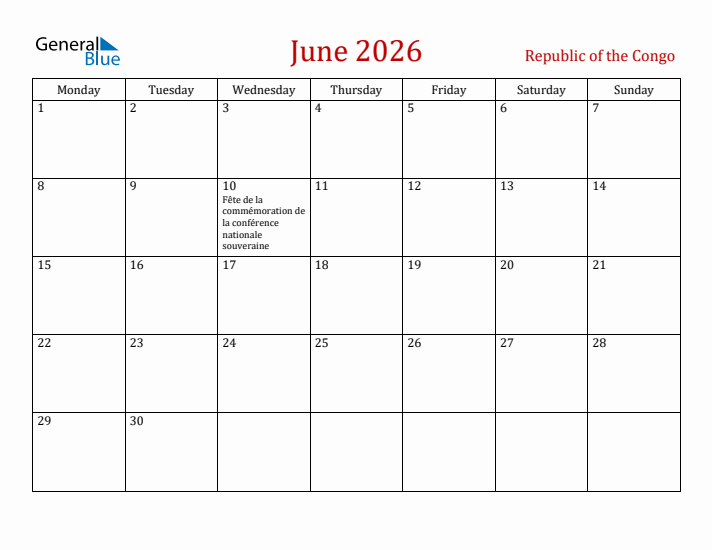 Republic of the Congo June 2026 Calendar - Monday Start