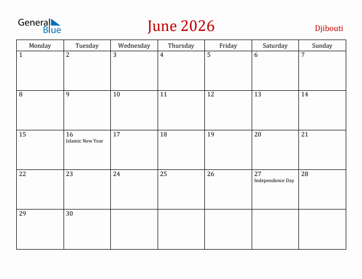 Djibouti June 2026 Calendar - Monday Start