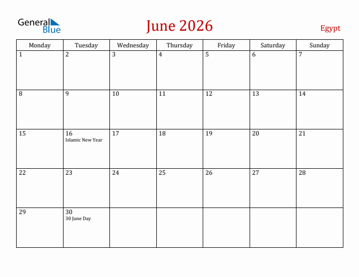 Egypt June 2026 Calendar - Monday Start