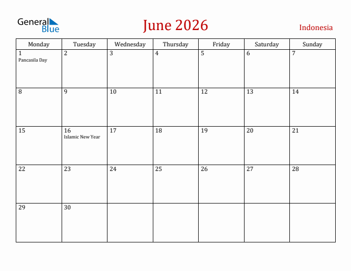 Indonesia June 2026 Calendar - Monday Start