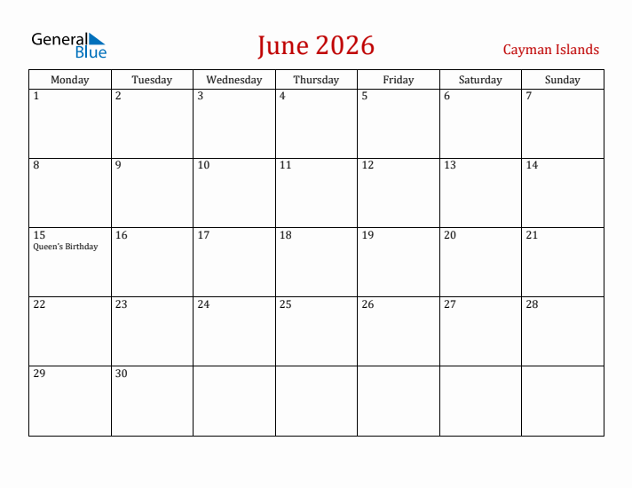 Cayman Islands June 2026 Calendar - Monday Start