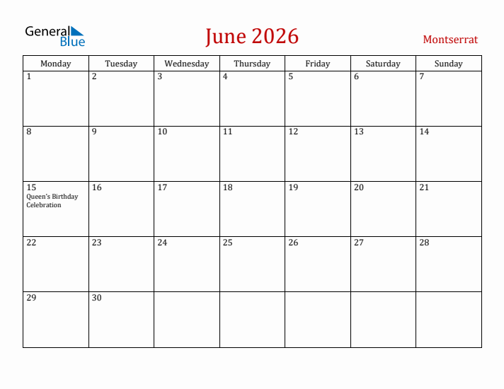 Montserrat June 2026 Calendar - Monday Start