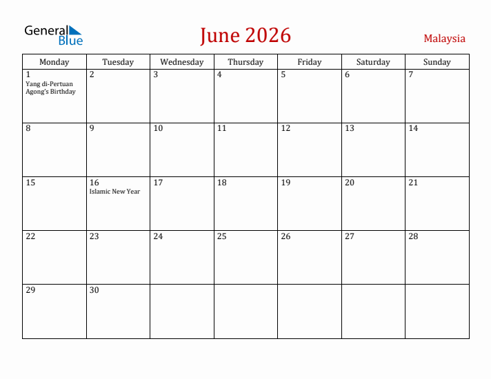 Malaysia June 2026 Calendar - Monday Start