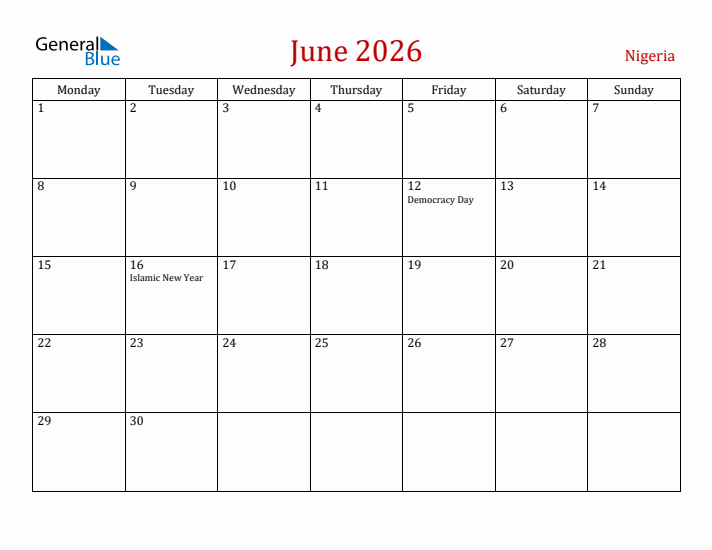Nigeria June 2026 Calendar - Monday Start