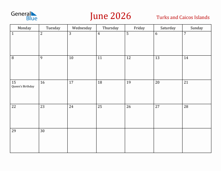 Turks and Caicos Islands June 2026 Calendar - Monday Start