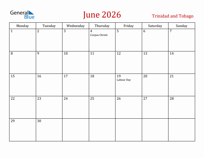Trinidad and Tobago June 2026 Calendar - Monday Start