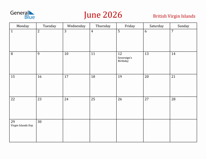 British Virgin Islands June 2026 Calendar - Monday Start