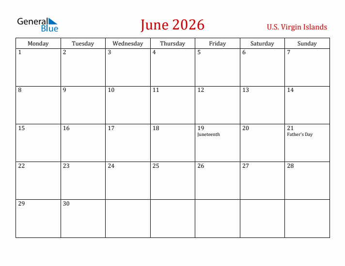 U.S. Virgin Islands June 2026 Calendar - Monday Start