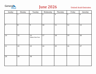 Current month calendar with United Arab Emirates holidays for June 2026