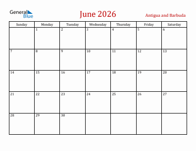 Current month calendar with Antigua and Barbuda holidays for June 2026