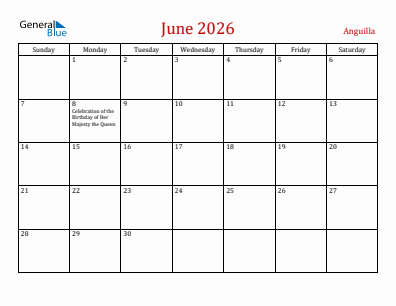 Current month calendar with Anguilla holidays for June 2026