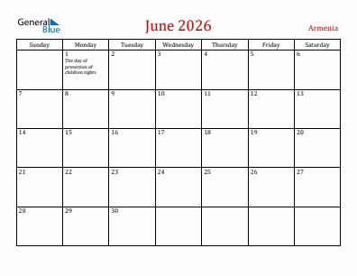 Current month calendar with Armenia holidays for June 2026