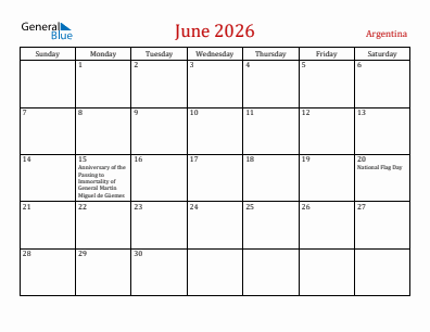 Current month calendar with Argentina holidays for June 2026