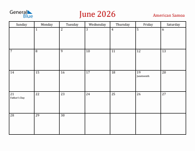 Current month calendar with American Samoa holidays for June 2026