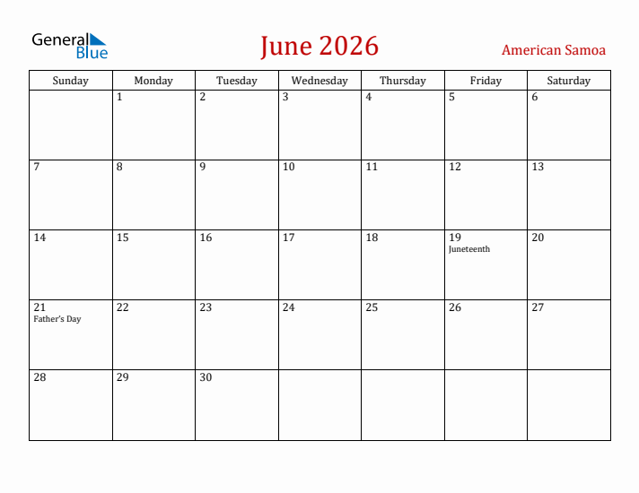 American Samoa June 2026 Calendar - Sunday Start