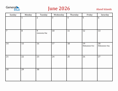 Current month calendar with Aland Islands holidays for June 2026