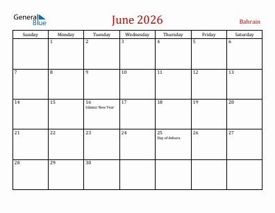 Current month calendar with Bahrain holidays for June 2026