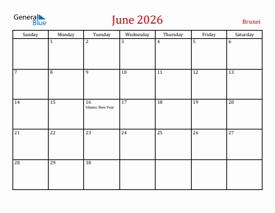 Current month calendar with Brunei holidays for June 2026