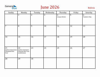 Current month calendar with Bolivia holidays for June 2026