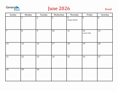 Current month calendar with Brazil holidays for June 2026