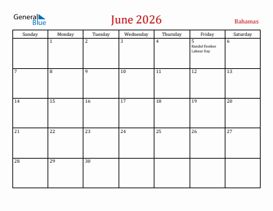 Current month calendar with Bahamas holidays for June 2026
