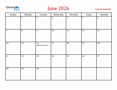Current month calendar with Cocos Islands holidays for June 2026