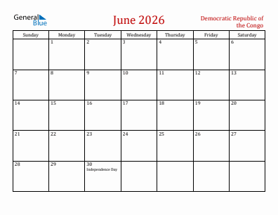 Current month calendar with Democratic Republic of the Congo holidays for June 2026
