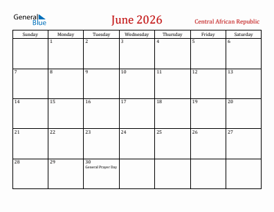 Current month calendar with Central African Republic holidays for June 2026