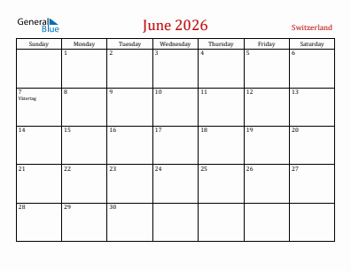Current month calendar with Switzerland holidays for June 2026